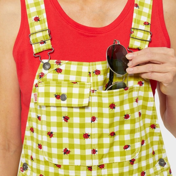 Duluth Trading Co womens wild card cotton canvas bibs overalls ladybug gingham - Picture 2 of 7